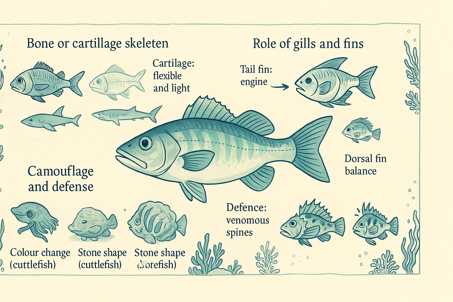 Detailed diagram of the internal and external anatomy of a fish