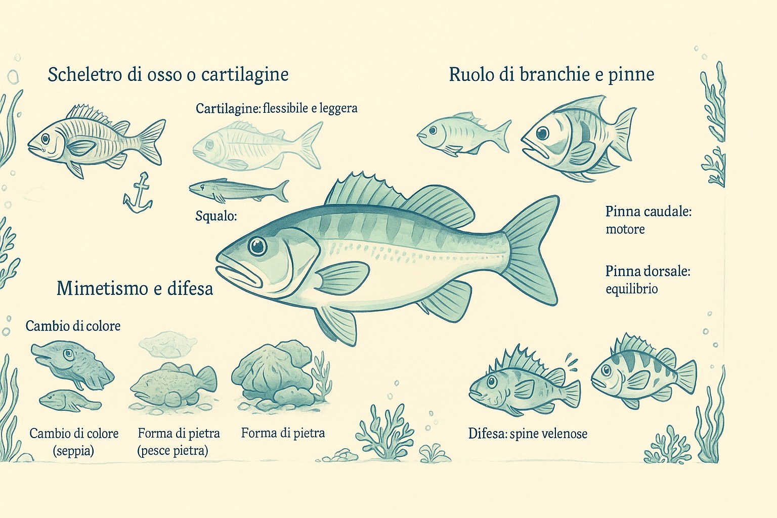 Schema dettagliato dell'anatomia interna ed esterna di un pesce