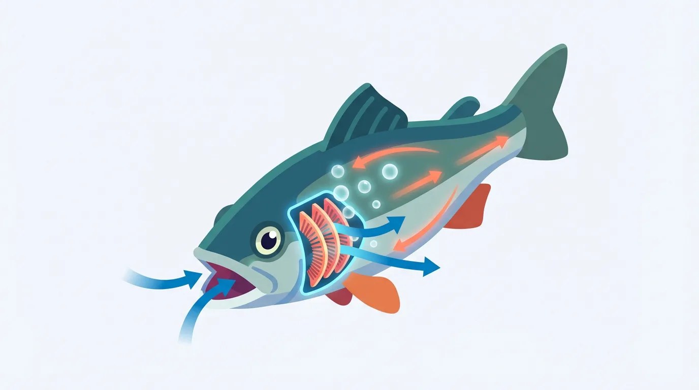 Diagram of water flowing through a fish's gills, with arrows showing the path in through the mouth and out through the body