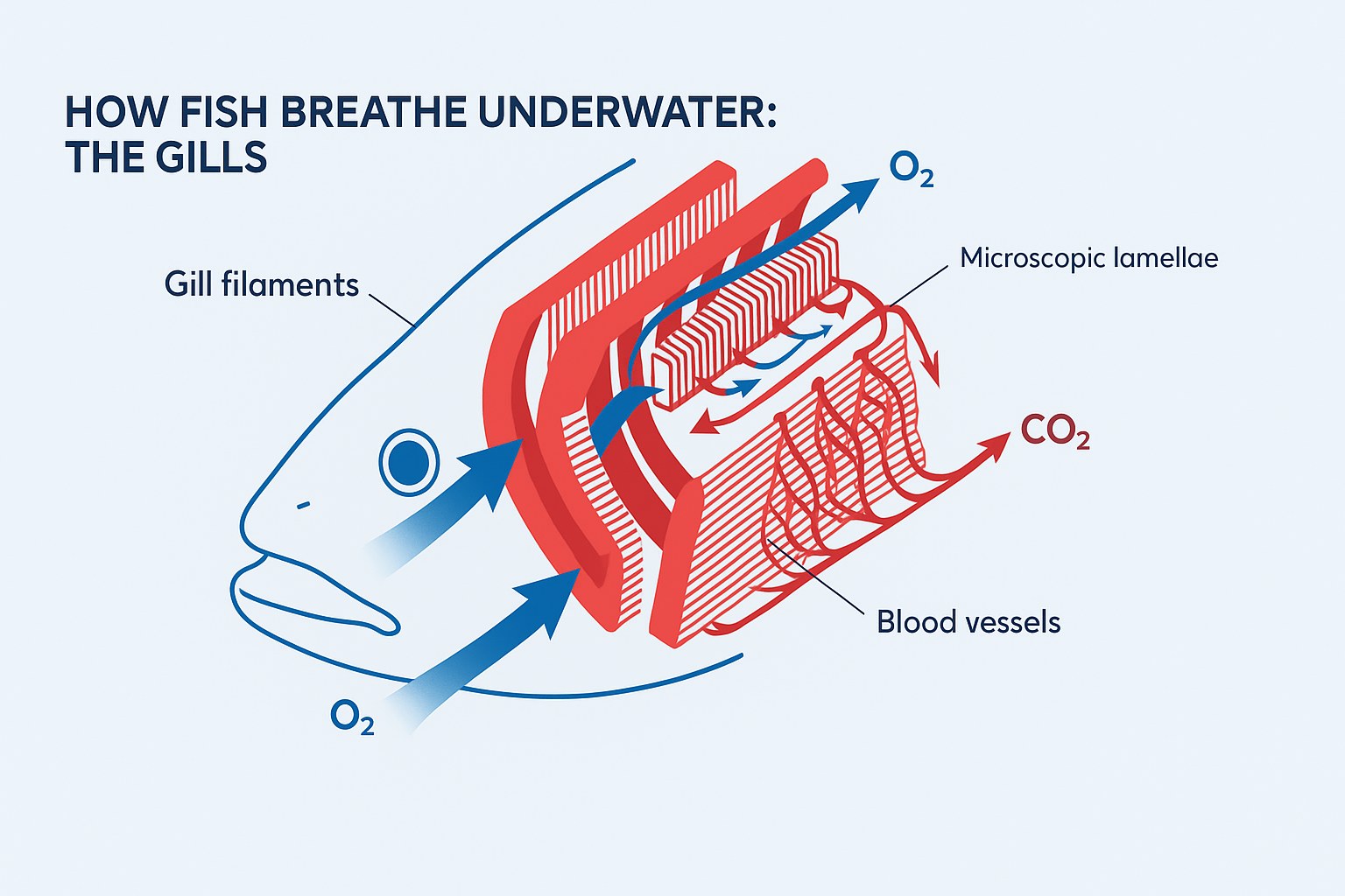 Detailed diagram of a fish's gill filaments and lamellae, showing blood vessels and the oxygen and carbon dioxide exchange