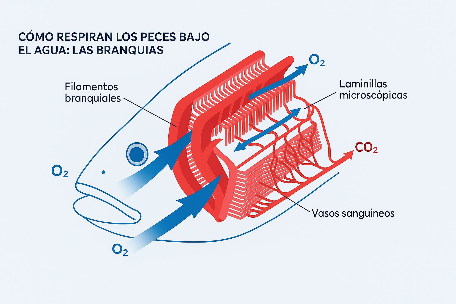 Esquema detallado de los filamentos y las laminillas branquiales de un pez, con los vasos sanguíneos y el intercambio de oxígeno y dióxido de carbono