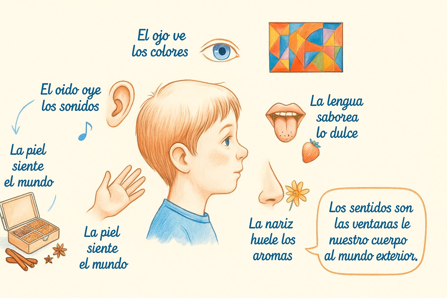 Ilustración pedagógica de los cinco sentidos para los niños