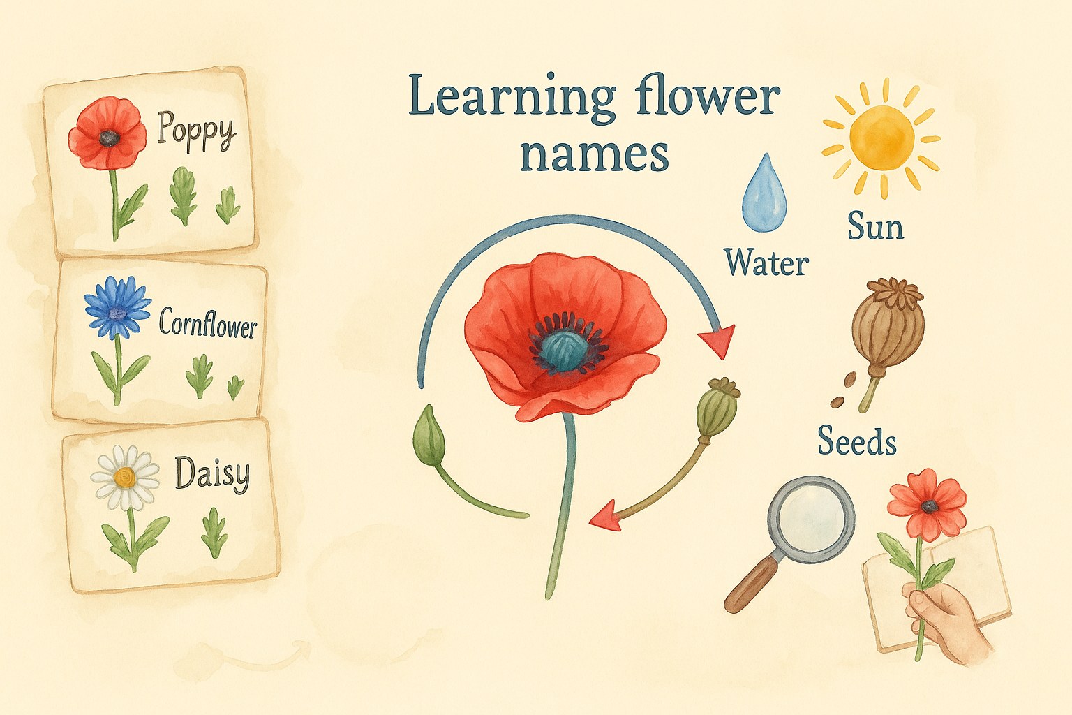 Teaching infographic for learning the names of wild flowers with children, labelled in English