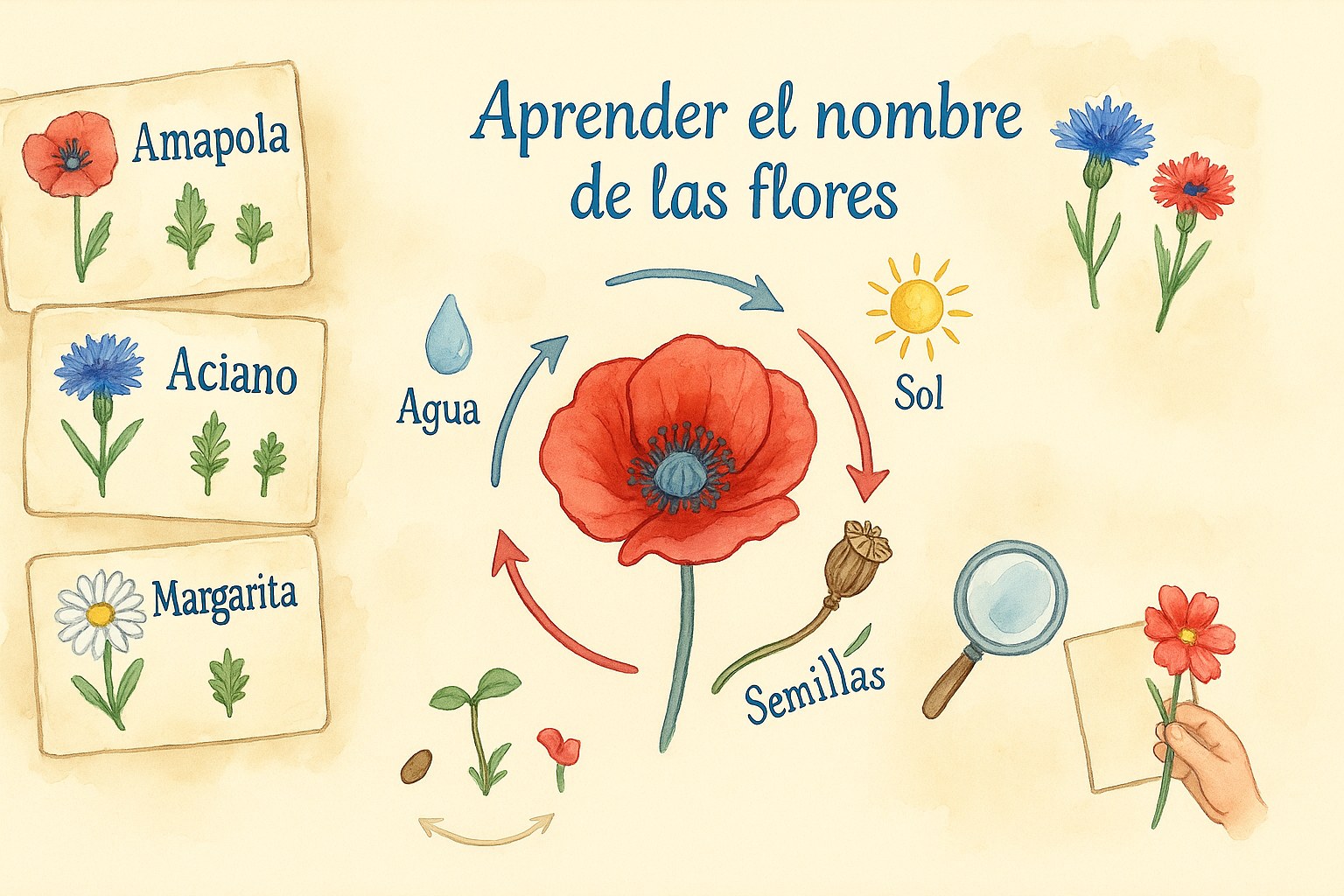 Infografía didáctica para aprender el nombre de las flores silvestres con los niños, con etiquetas en español