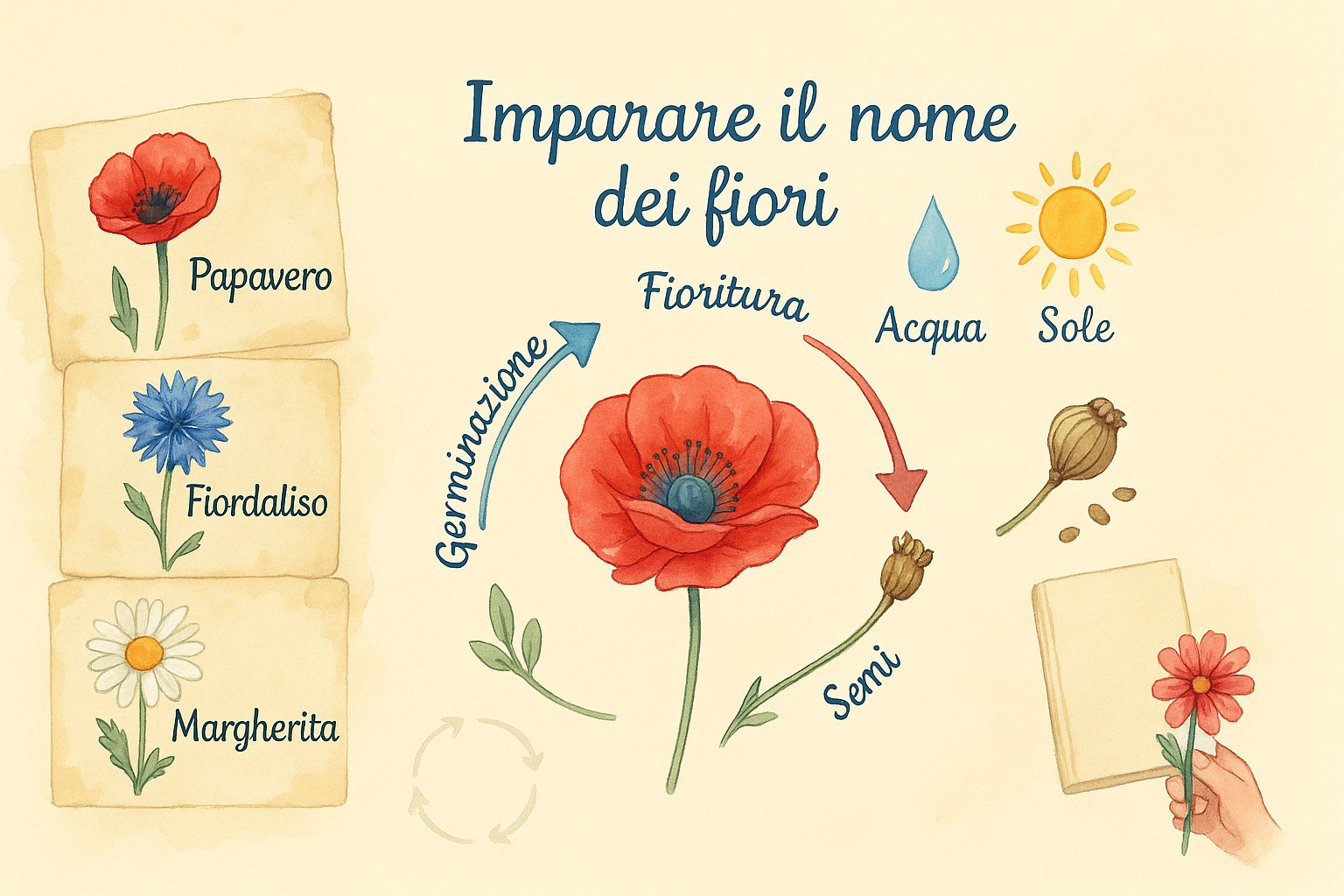 Infografica didattica per imparare il nome dei fiori di campo con i bambini, con etichette in italiano