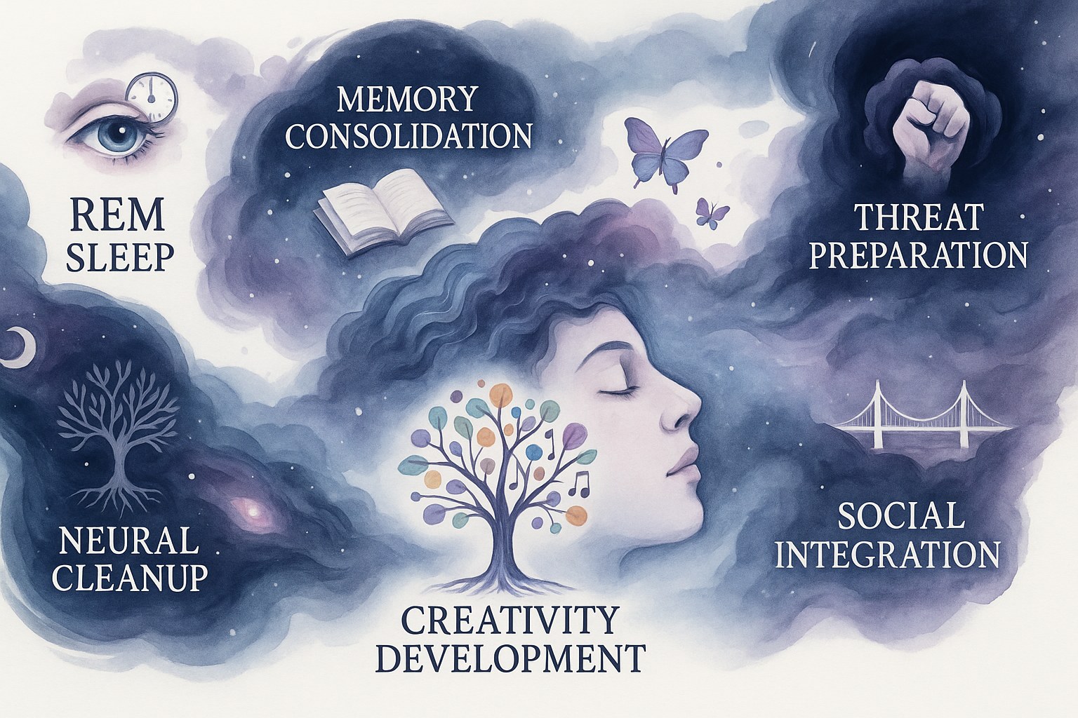 Symbolic illustration of the functions of dreaming and nighttime brain activity
