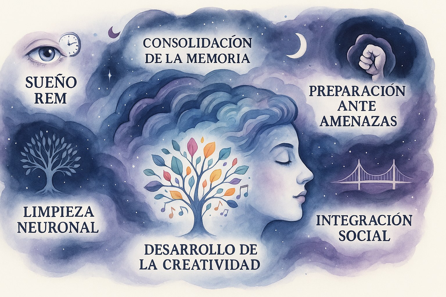 Ilustracion simbolica de las funciones del sueno y de la actividad cerebral nocturna