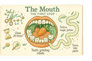 Illustration of the mouth: teeth and tongue breaking down food, the first stop of digestion