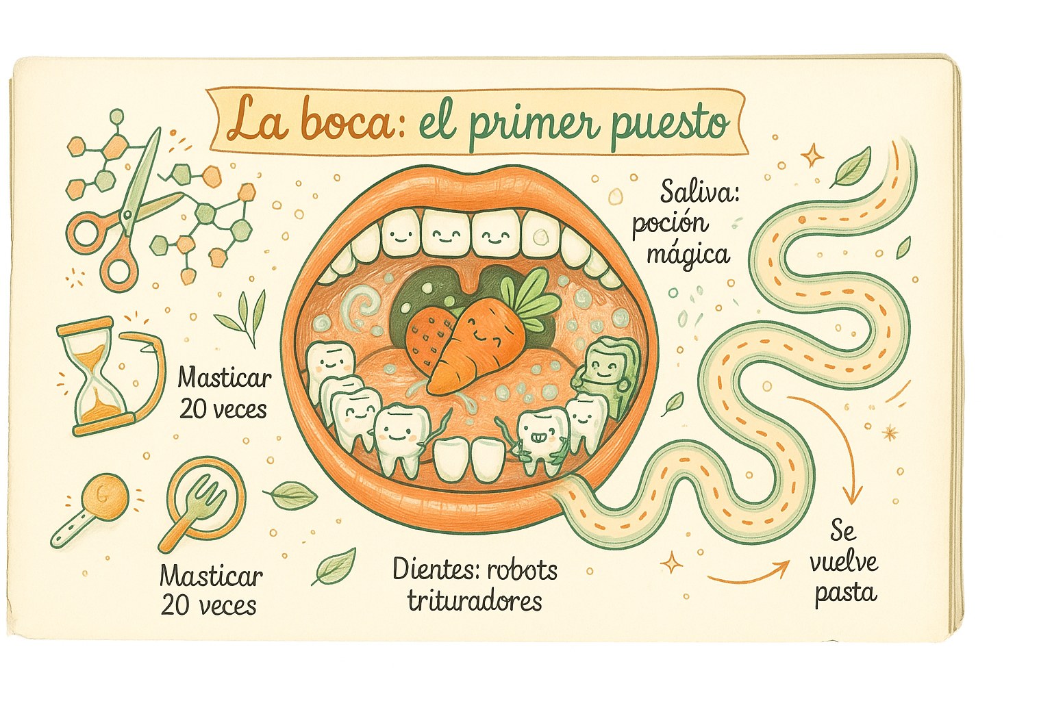 Ilustracion de los dientes y la lengua descomponiendo los alimentos en la boca