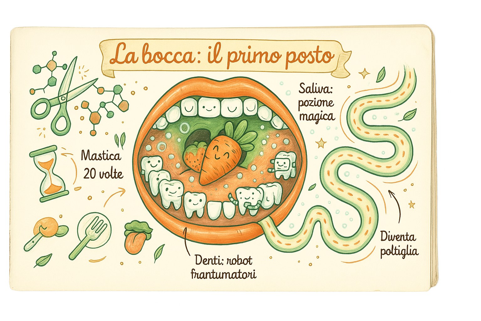 Illustrazione della bocca: denti e lingua che scompongono il cibo, la prima tappa della digestione