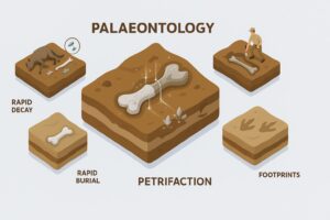 Infographic showing the stages of fossilisation, from decay to discovery