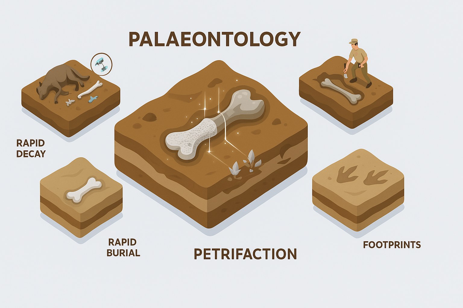 Infographic showing the stages of fossilisation, from decay to discovery