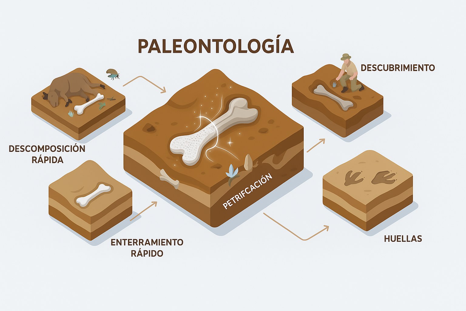 Infografía que muestra las etapas de la fosilización, de la descomposición al descubrimiento
