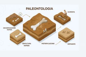 Infografica che mostra le fasi della fossilizzazione, dalla decomposizione alla scoperta