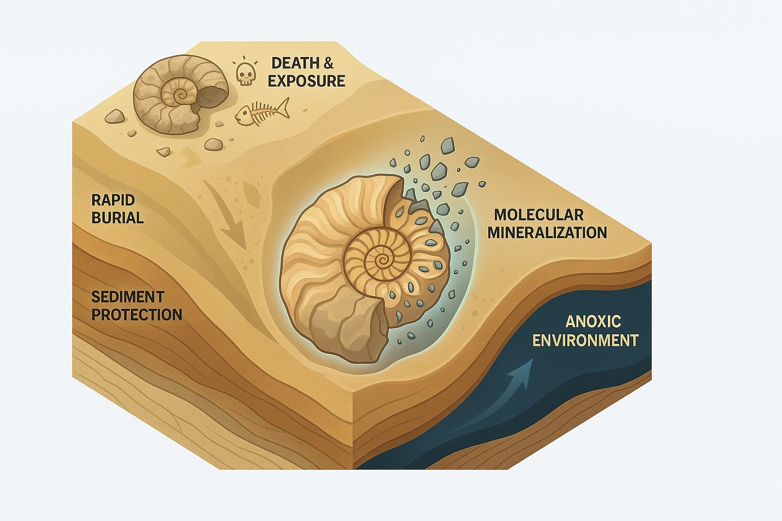 Diagram showing the stages of a skeleton fossilising under layers of sediment