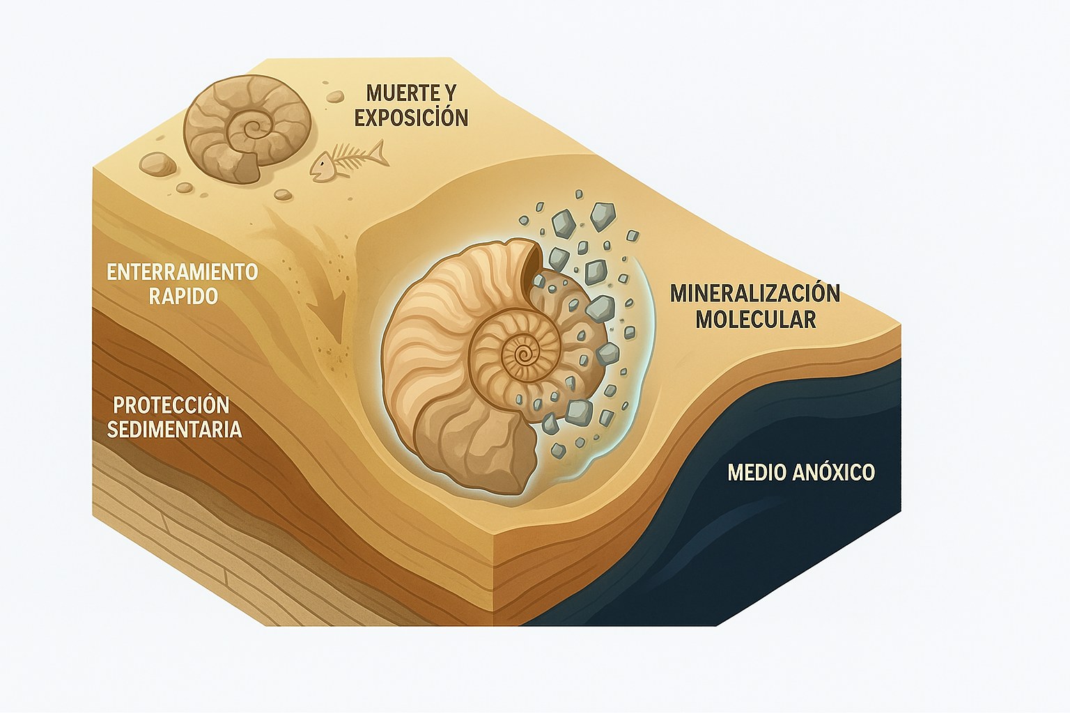 Esquema que ilustra las etapas de la fosilización de un esqueleto bajo capas de sedimentos
