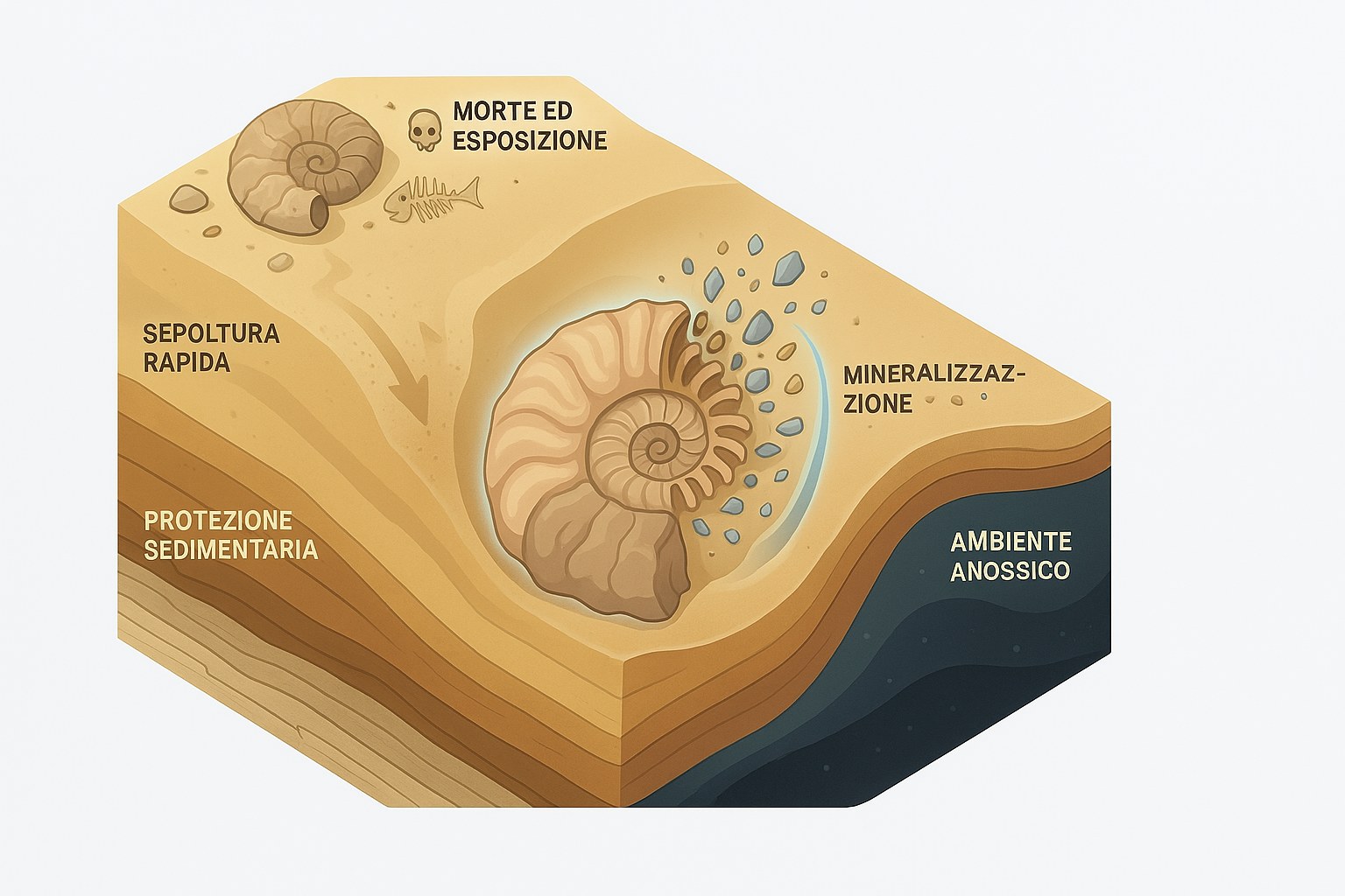 Schema che illustra le fasi della fossilizzazione di uno scheletro sotto strati di sedimenti