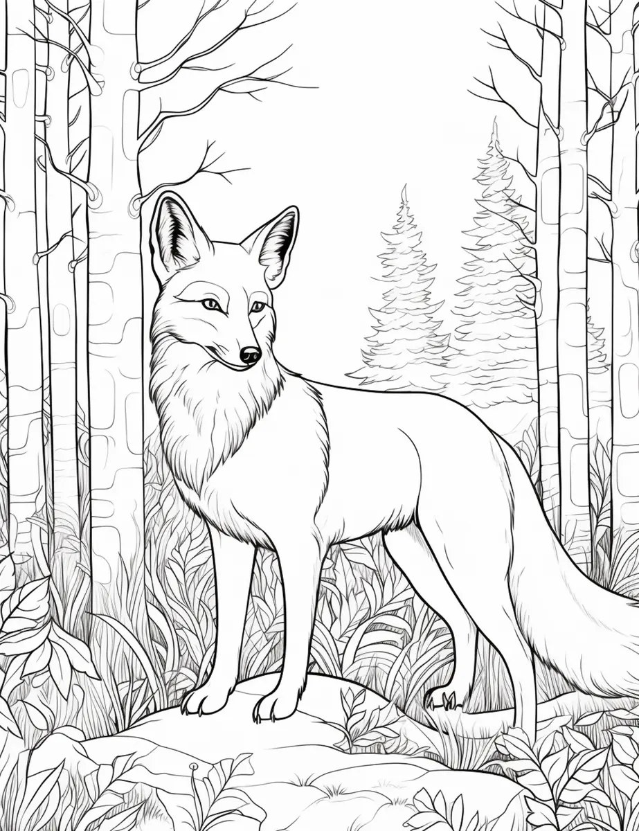 dibujo de un zorro adulto de pie en un bosque de abetos para imprimir