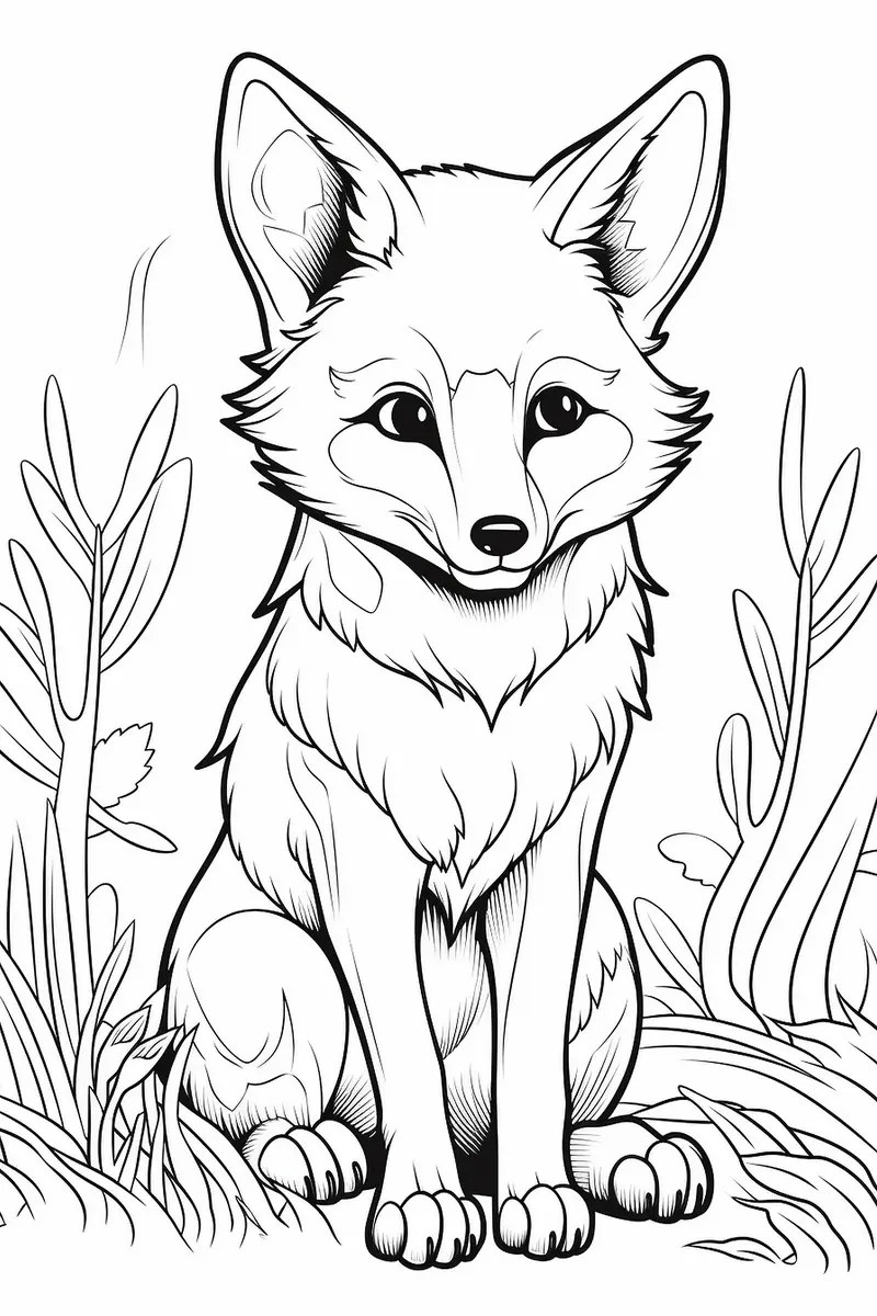 dibujo de un retrato de zorrito sentado en la hierba para imprimir