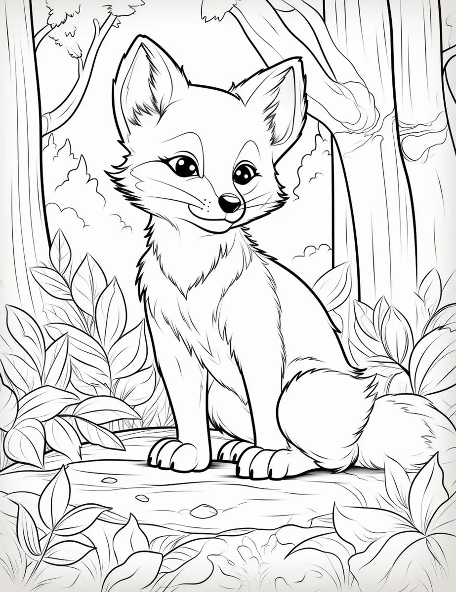 dibujo de un zorrito kawaii sentado entre el follaje para imprimir