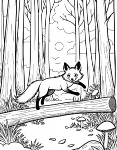 fox jumping over a log in the forest colouring page to print