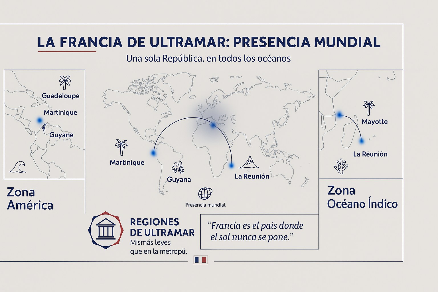 Mapa que muestra la presencia mundial de los territorios franceses de ultramar