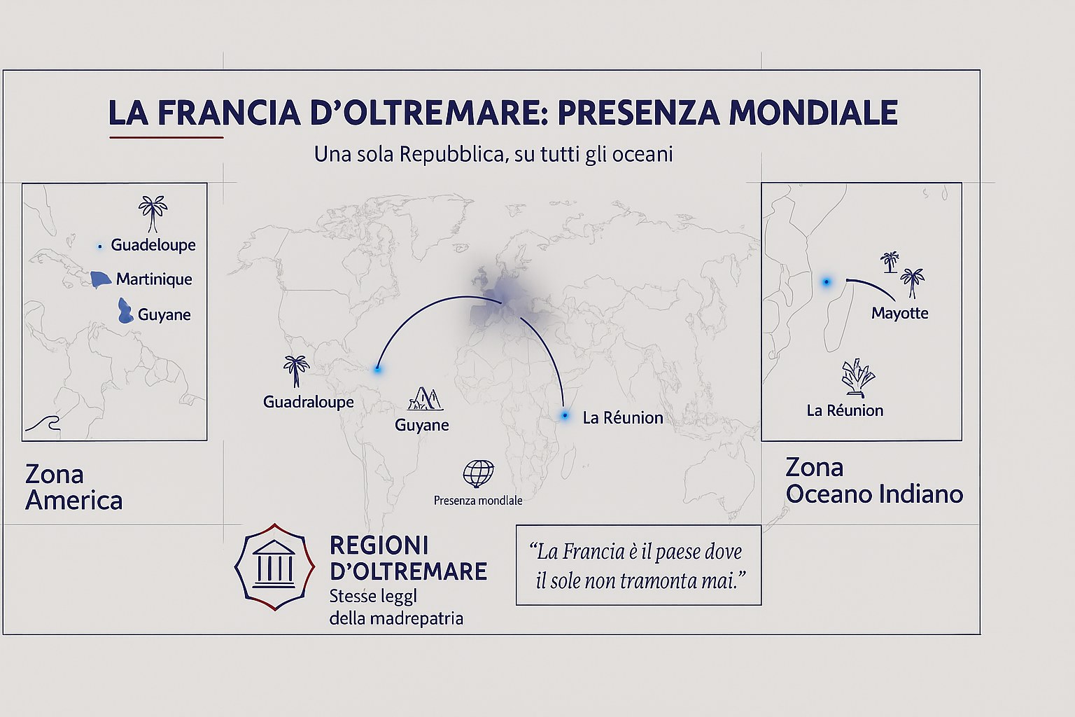 Cartina che mostra la presenza mondiale dei territori francesi d'oltremare