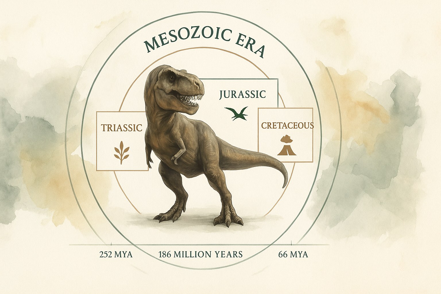 Timeline of the Mesozoic era showing the Triassic, Jurassic and Cretaceous