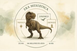 Linea del tiempo de la era Mesozoica que muestra el Triasico, el Jurasico y el Cretacico