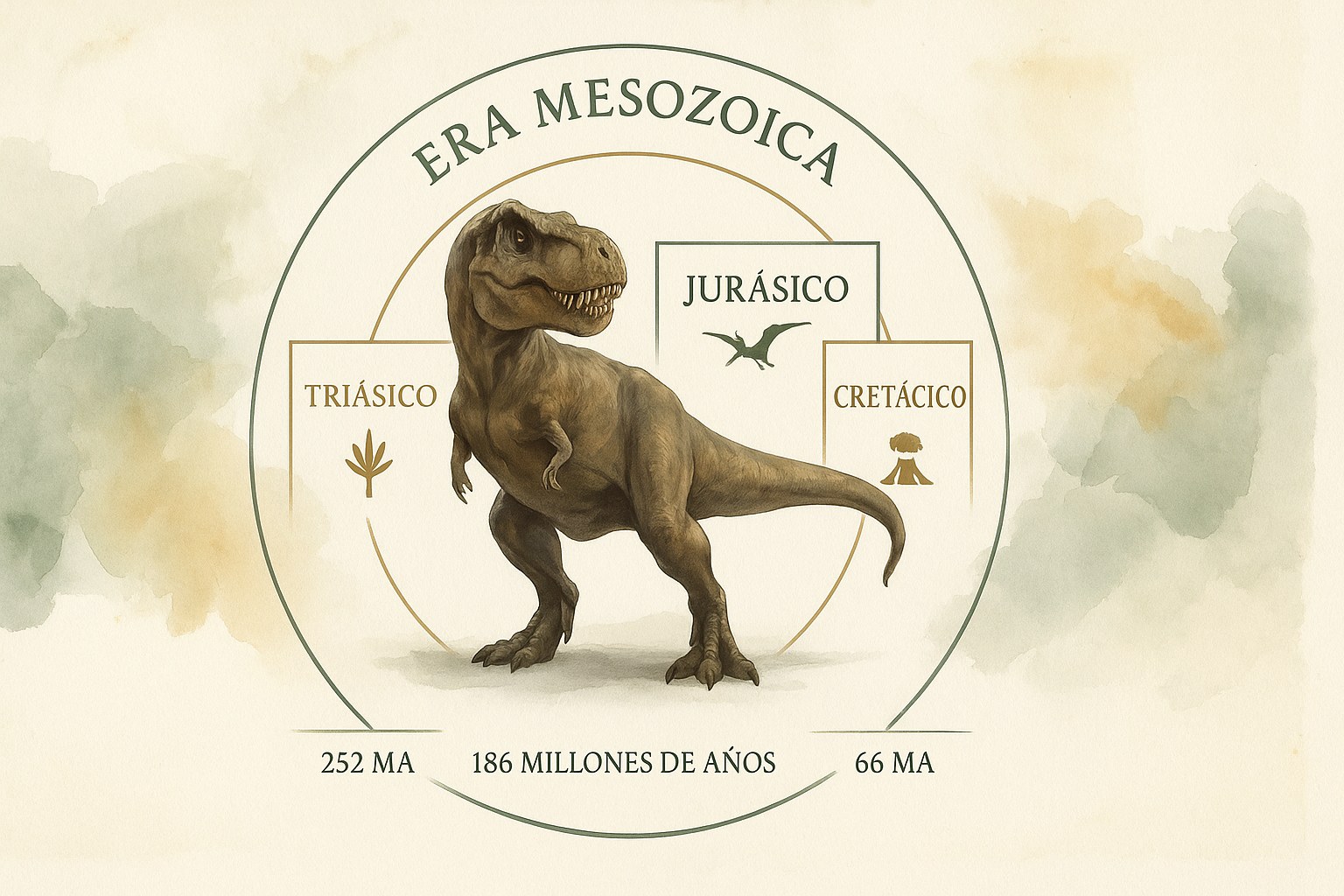 Linea del tiempo de la era Mesozoica que muestra el Triasico, el Jurasico y el Cretacico