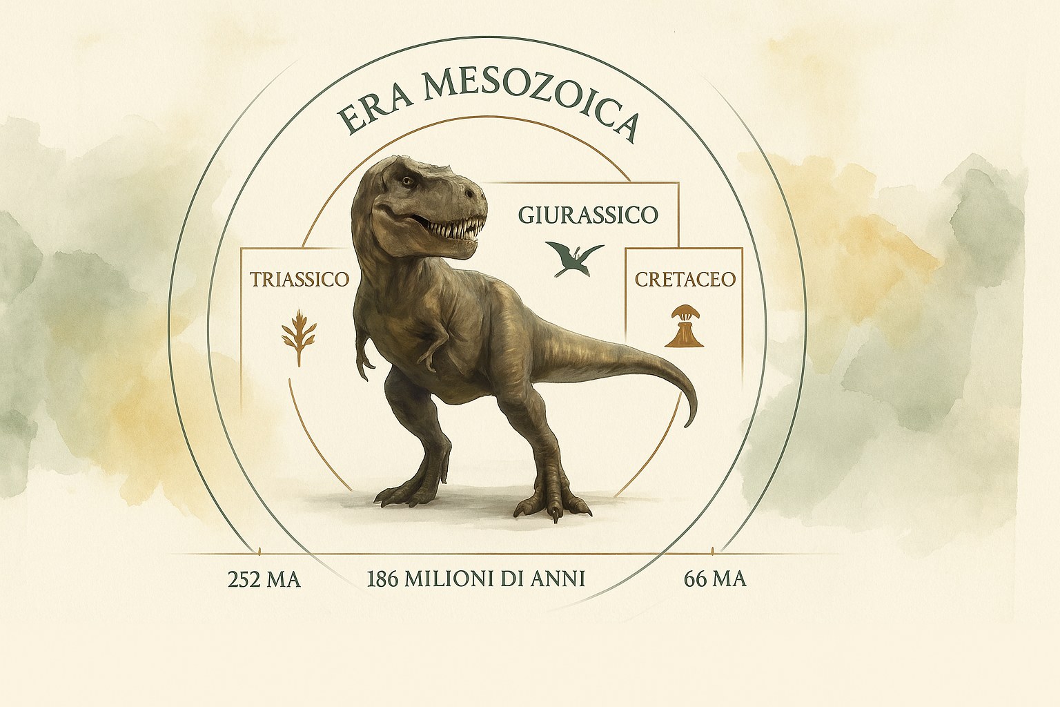 Linea del tempo dell'era Mesozoica con il Triassico, il Giurassico e il Cretaceo
