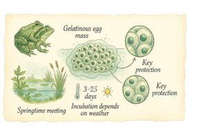Frog spawn floating in a spring pond, with egg close-ups and incubation icons