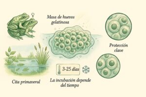 Masa de huevos de rana flotando en una charca primaveral, con primeros planos e iconos de incubación