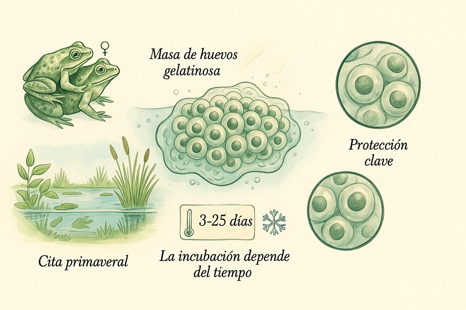 Masa de huevos de rana flotando en una charca primaveral, con primeros planos e iconos de incubación