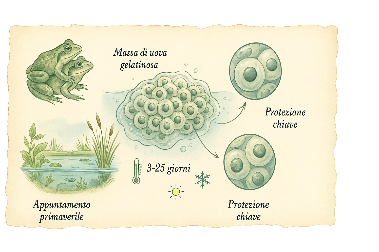 Massa di uova di rana che galleggia in uno stagno primaverile, con primi piani e icone di incubazione