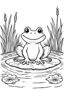 Frog sitting on a lily pad at the edge of the pond with reeds colouring page to print