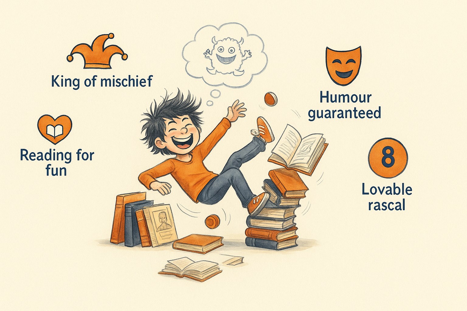 A laughing child tumbling off a stack of funny comic books, loving the read