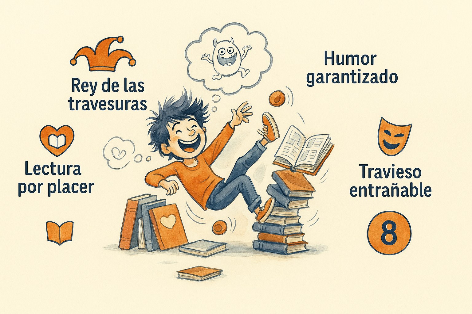 Un niño riéndose mientras se cae de una pila de cómics divertidos, disfrutando de la lectura