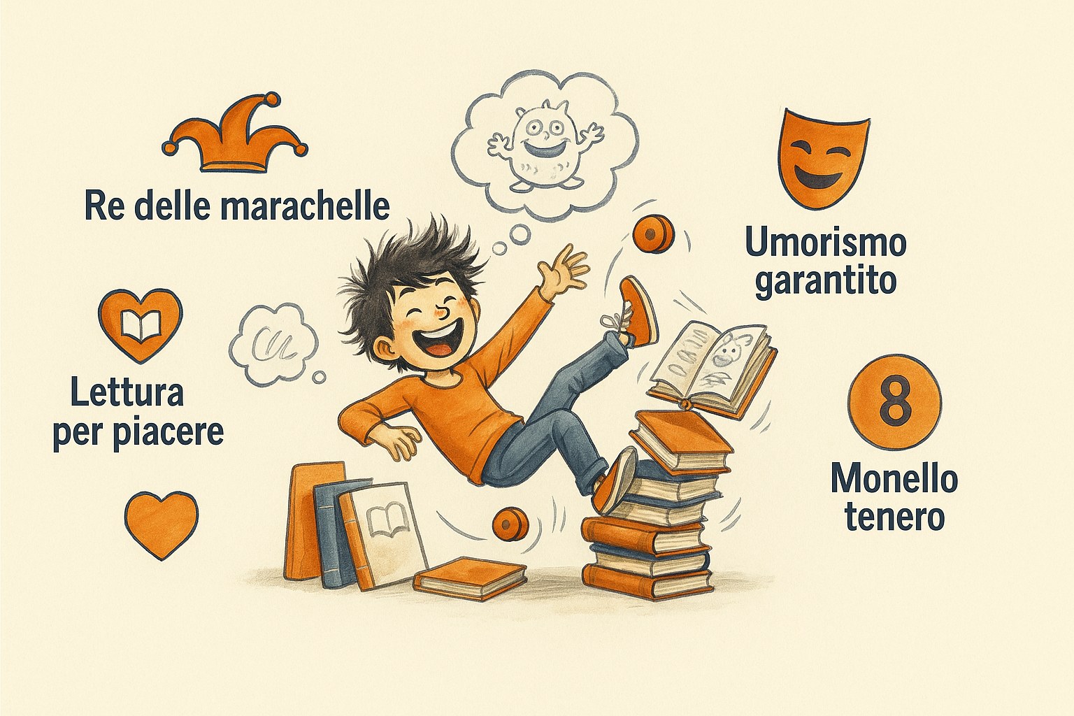 Un bambino che ride mentre cade da una pila di fumetti divertenti, godendosi la lettura