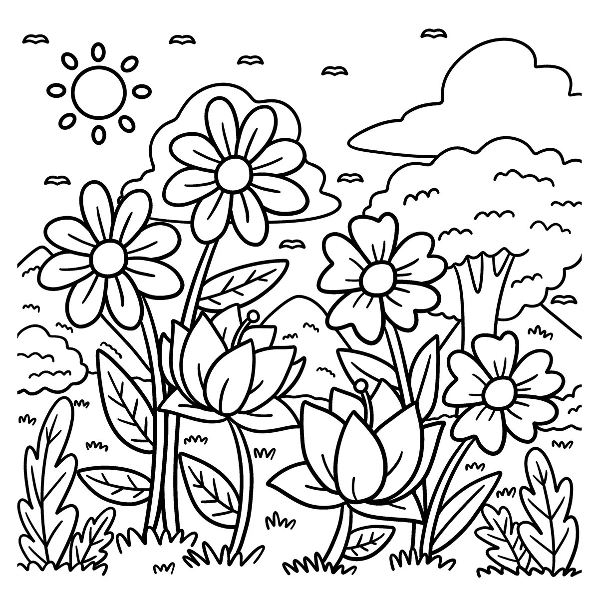 dibujo de campo de flores al sol para colorear e imprimir