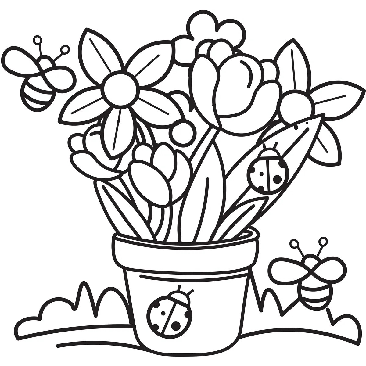 dibujo de maceta para colorear con abejas y mariquitas para imprimir