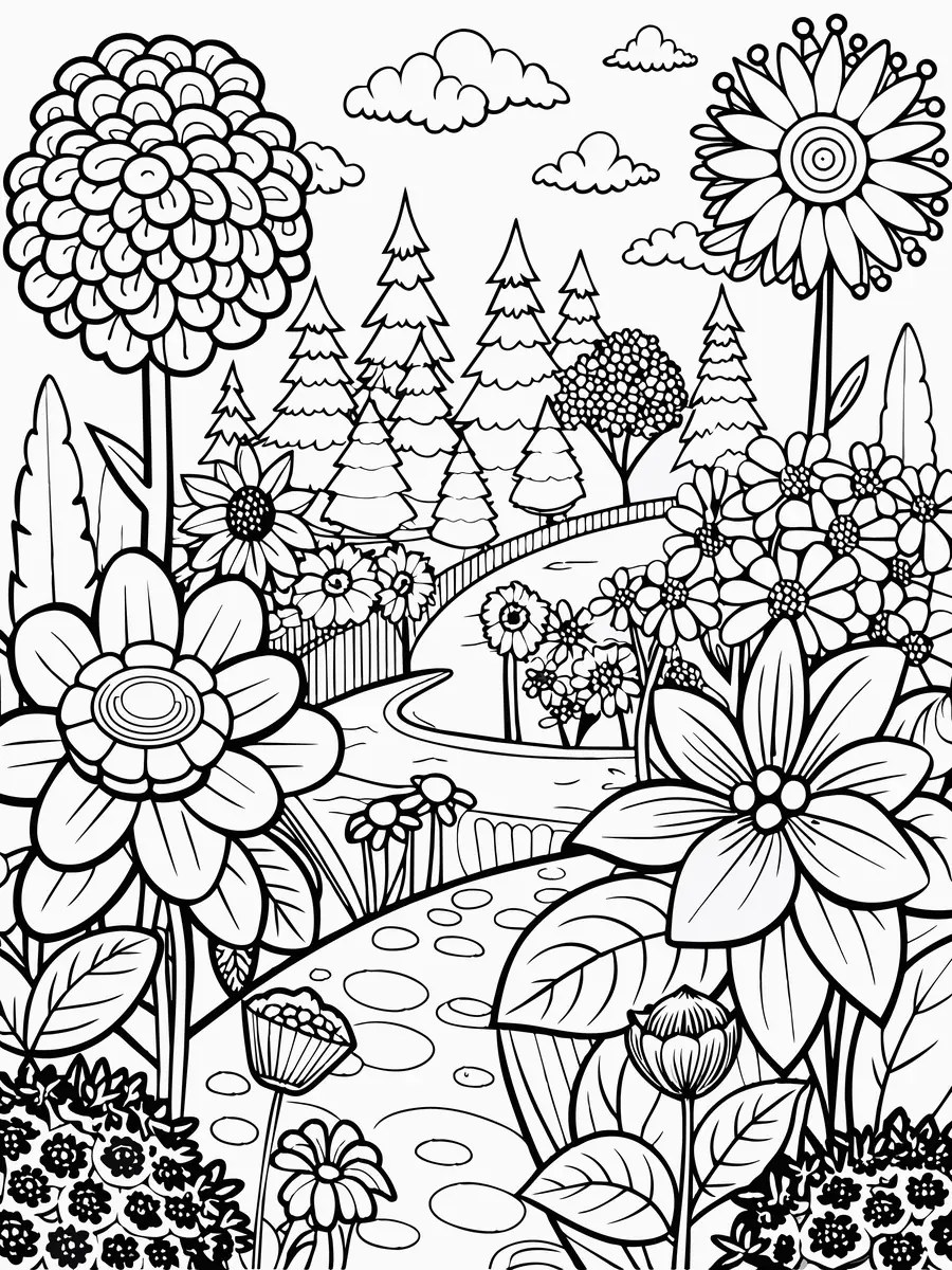 dibujo de gran jardín paisajístico lleno de flores para colorear e imprimir