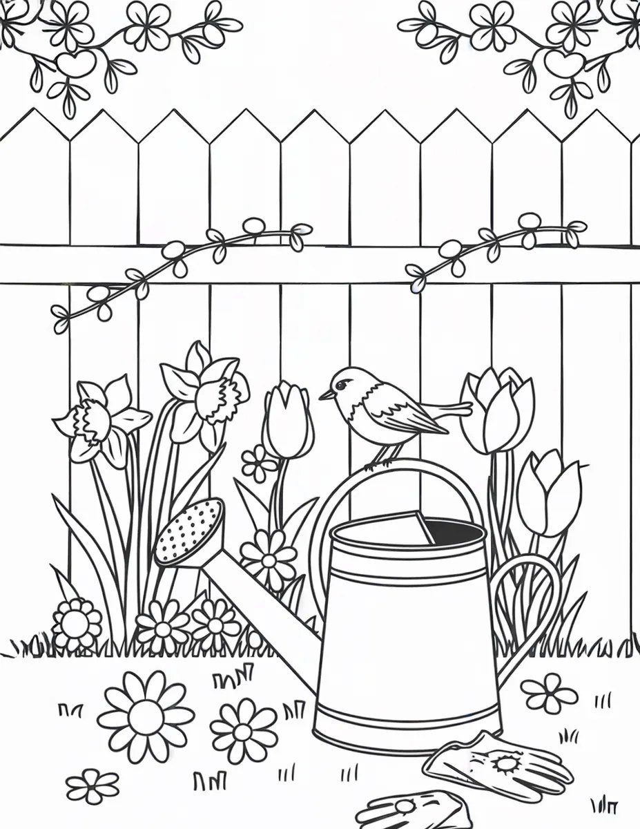 Garden colouring page with a watering can, a bird and spring flowers to print