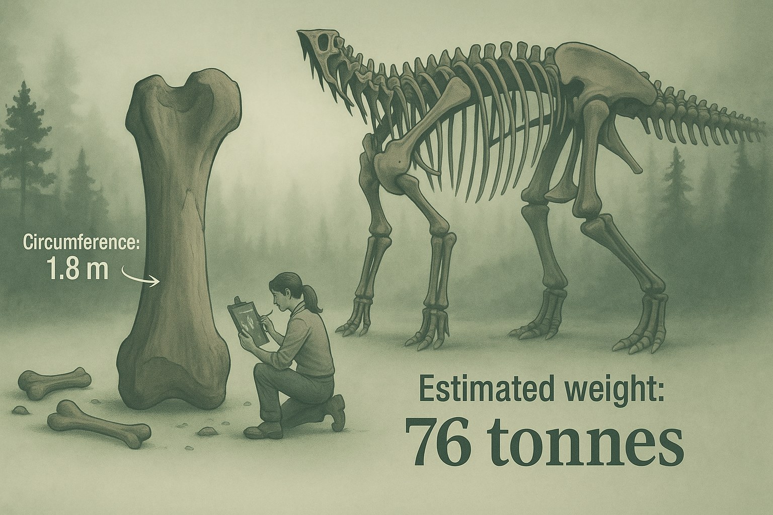 Illustration of a giant dinosaur femur next to a mounted sauropod skeleton, with a paleontologist for scale, labelled in English