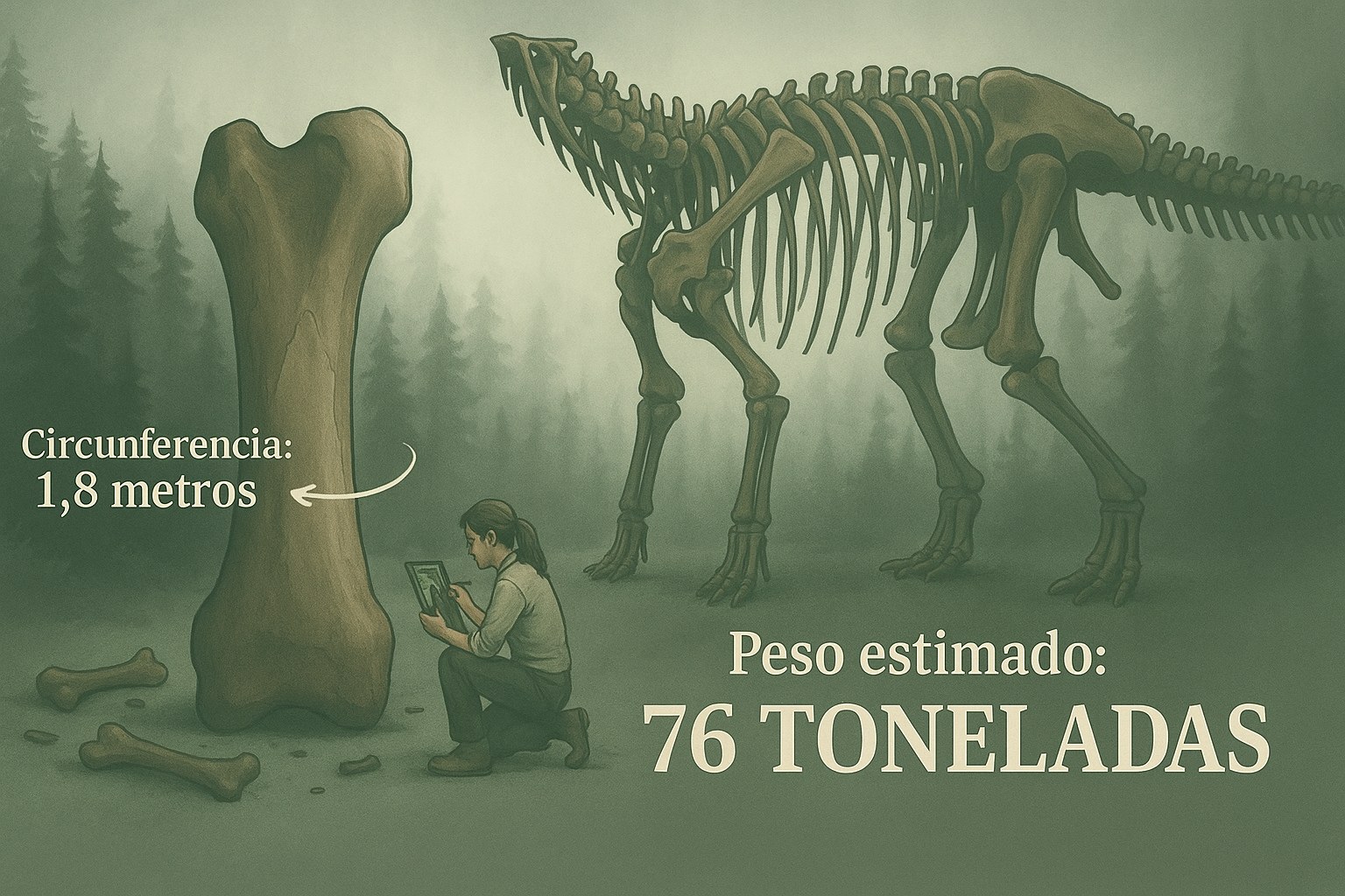 Ilustración de un fémur gigante de dinosaurio junto a un esqueleto de saurópodo montado, con un paleontólogo a escala, con etiquetas en español