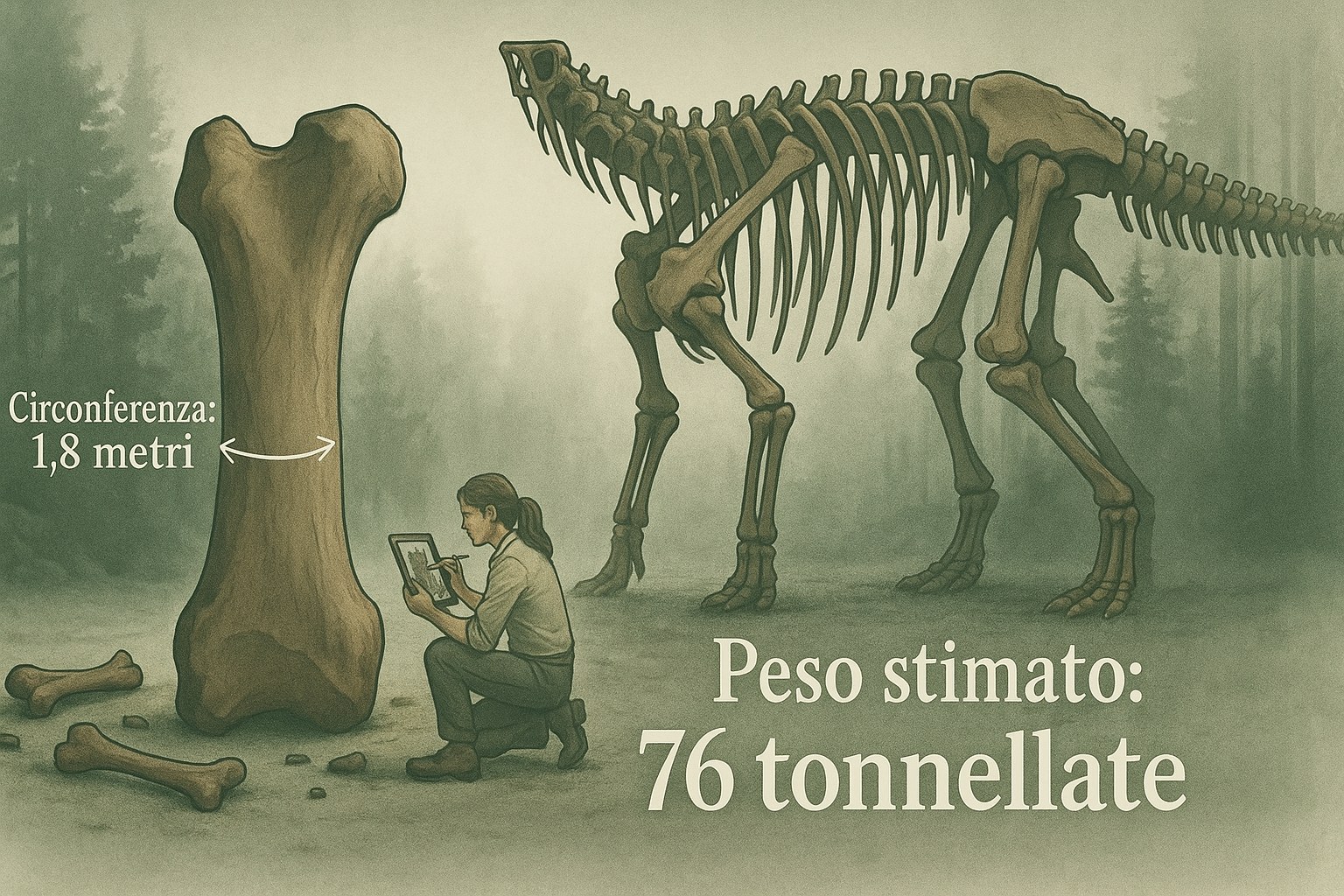 Illustrazione di un femore gigante di dinosauro accanto a uno scheletro di sauropode montato, con un paleontologo in scala, con etichette in italiano