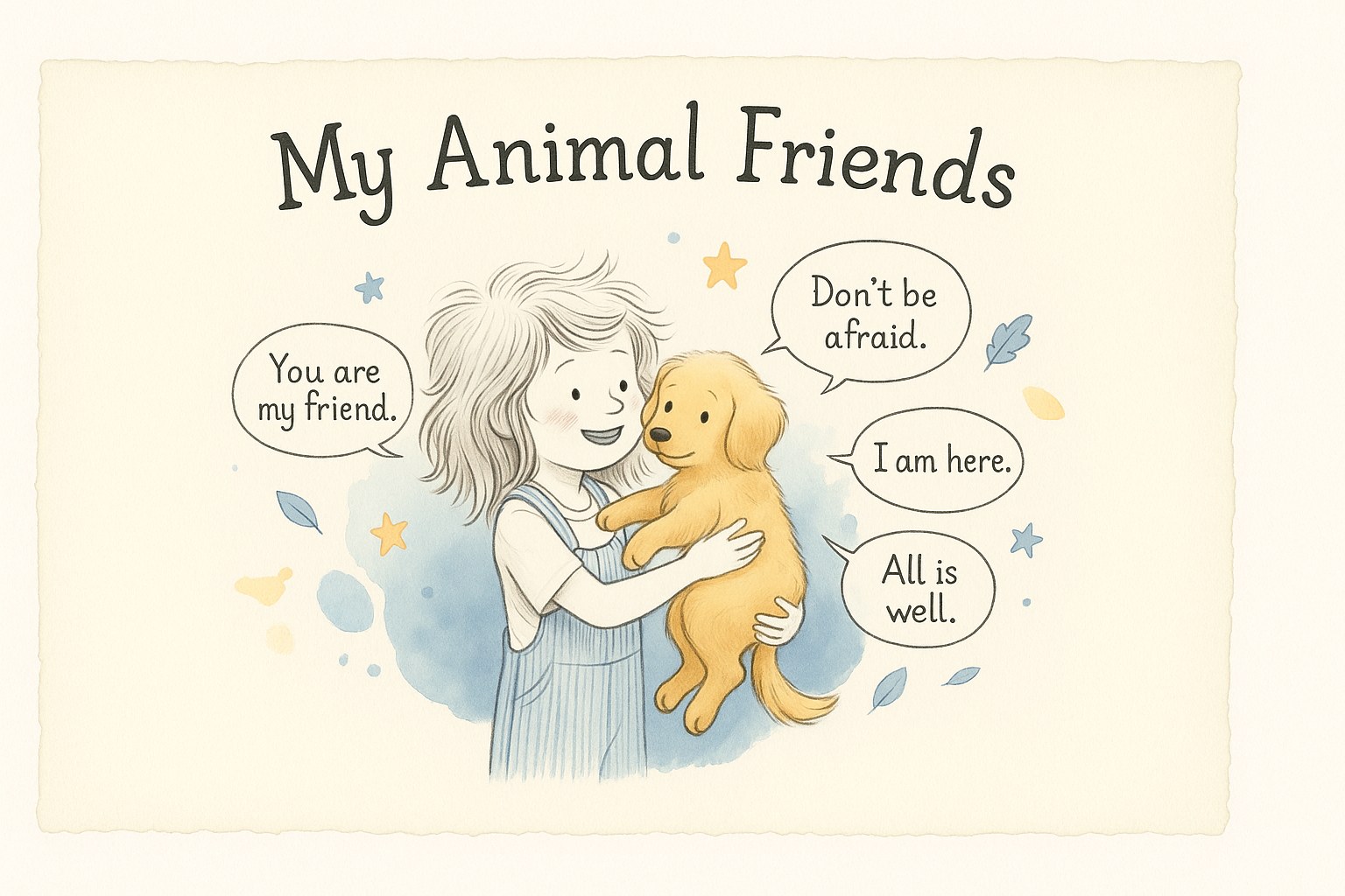 Gentle children's book cover with a little girl tenderly holding a golden puppy