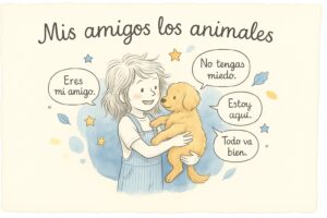 Tierna portada de libro infantil con una niña que abraza con cariño a un cachorro dorado