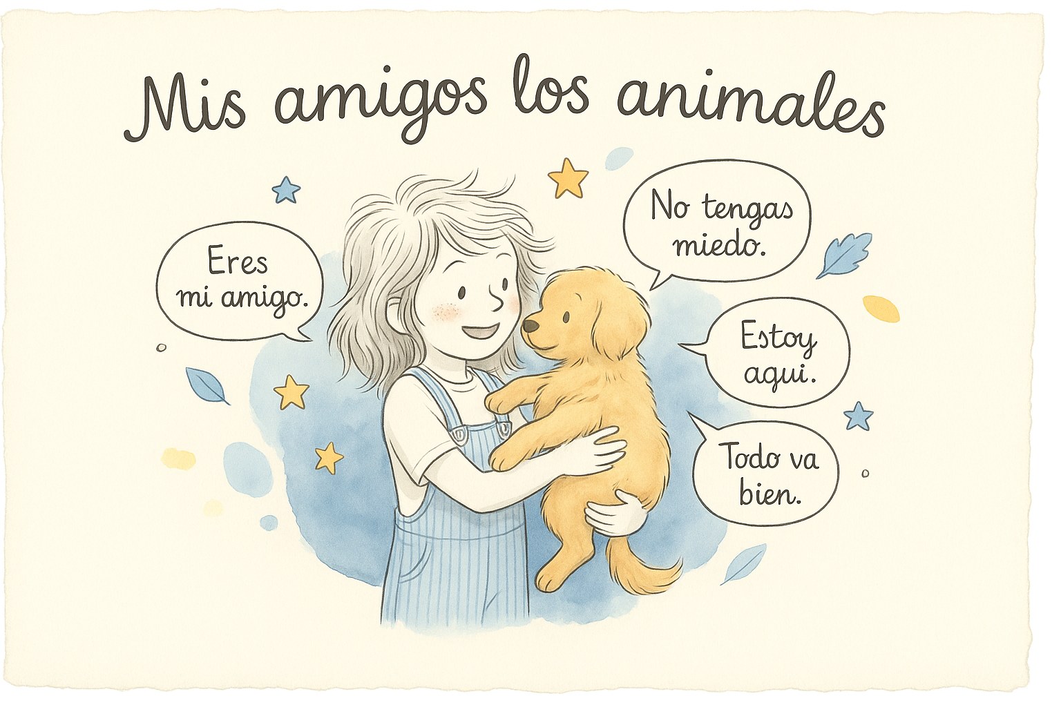 Tierna portada de libro infantil con una niña que abraza con cariño a un cachorro dorado