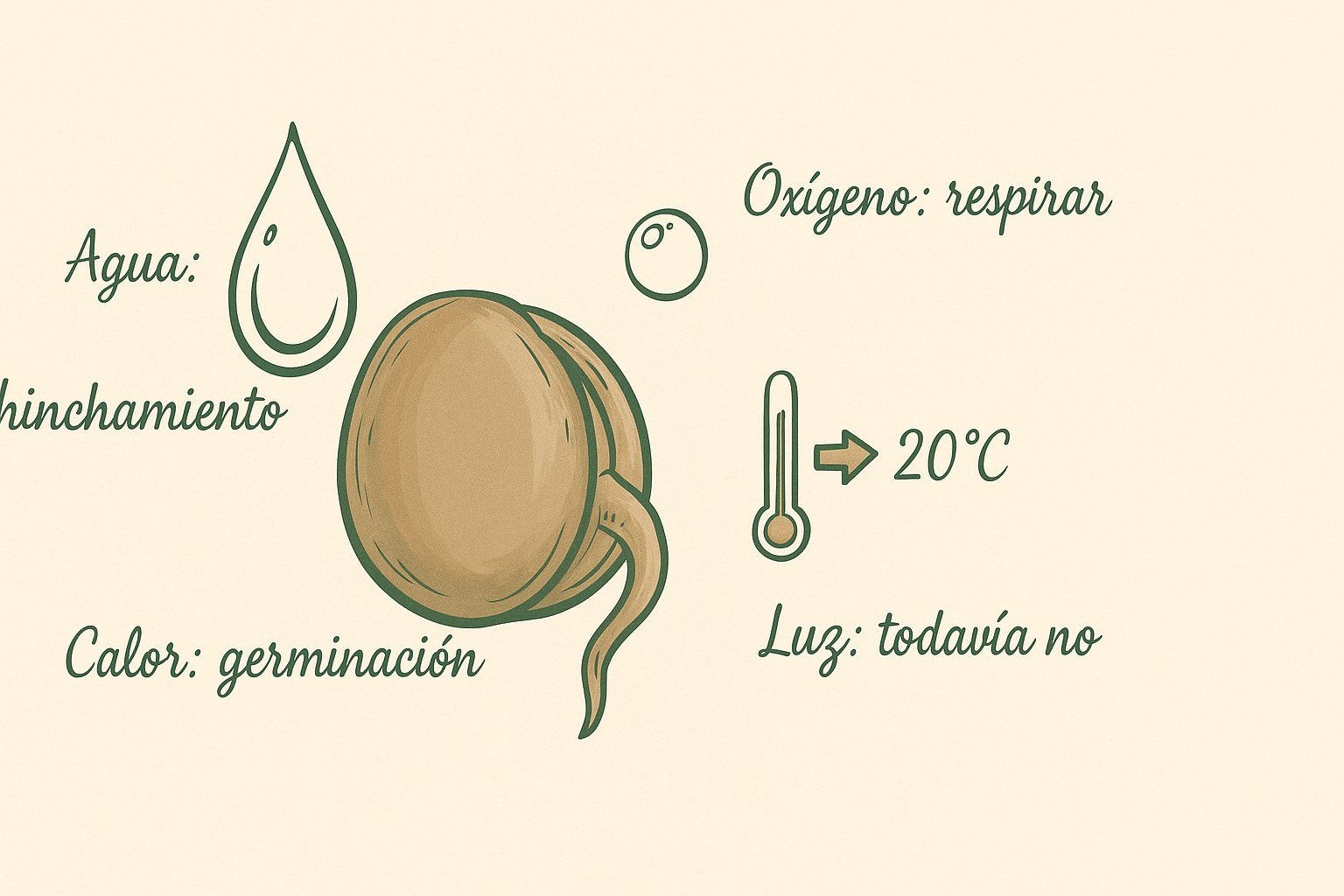 Esquema que explica lo que necesita una semilla para germinar, con agua, oxígeno y calor, con etiquetas en español